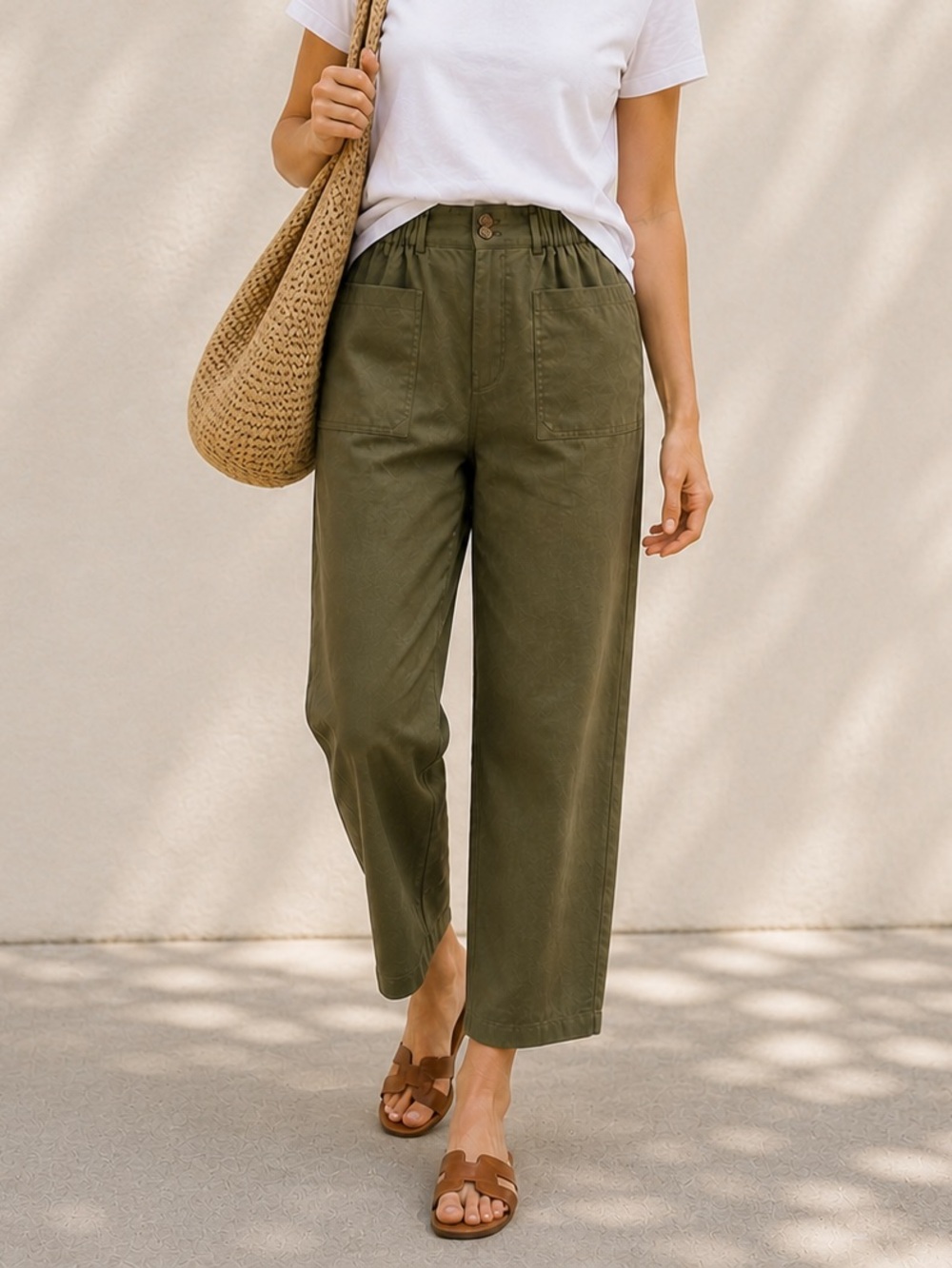Olive Cotton High Rise Trouser Minimalist Straight Leg Capsule Pant Size M